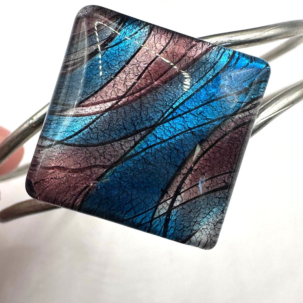 Artisan Western Boho Bracelet Hinged Silver tone Bohemian Blue Glass Jewelry